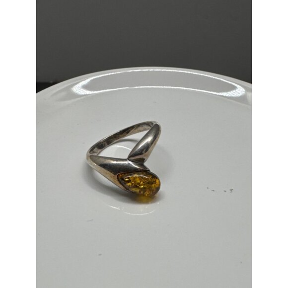 Sterling Silver 925 Ring With Amber Teardrop Gemstone Size 7 Elegant Minimalist - Picture 2 of 8